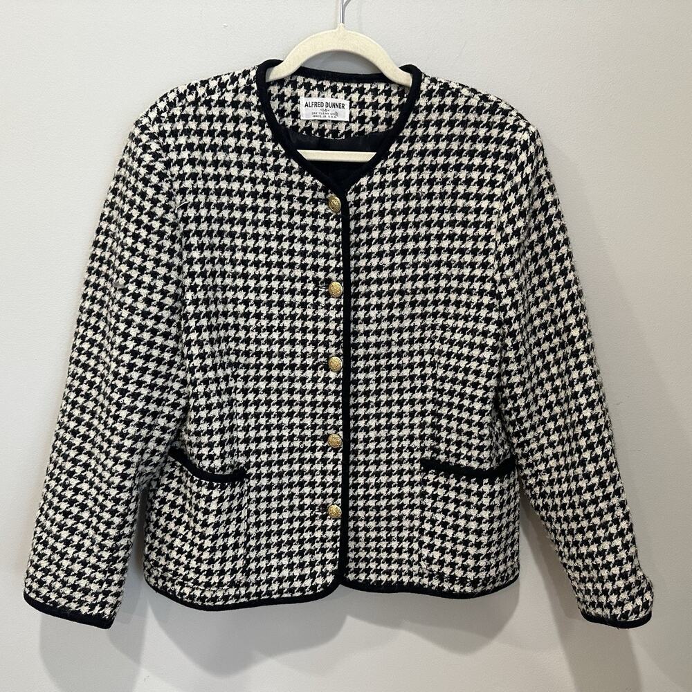 Vtg Alfred Dunner Wool Houndstooth Woman Sz 14 Blazer Jacket Classic‎ Old Money